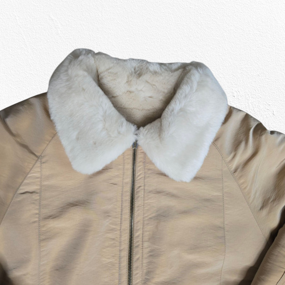 1990s Vintage Beige Tan Faux Shearling Lined Full Zip Y2K Jacket Size Medium - Picture 2 of 10